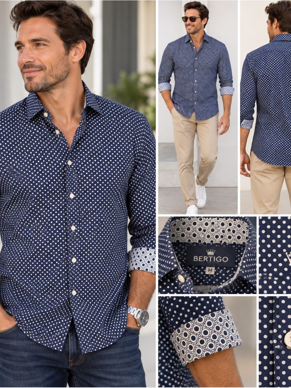 Bertigo Men's Navy Polka Dot Long-Sleeve Dress Shirt
